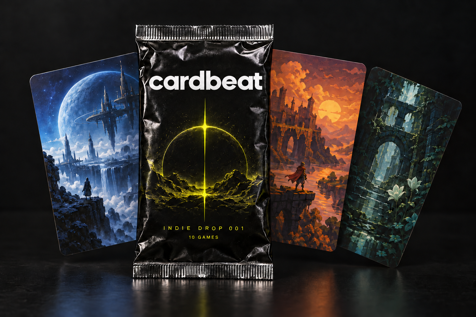 Concept preview of a black Cardbeat foil pack with three illustrated indie game collectible cards