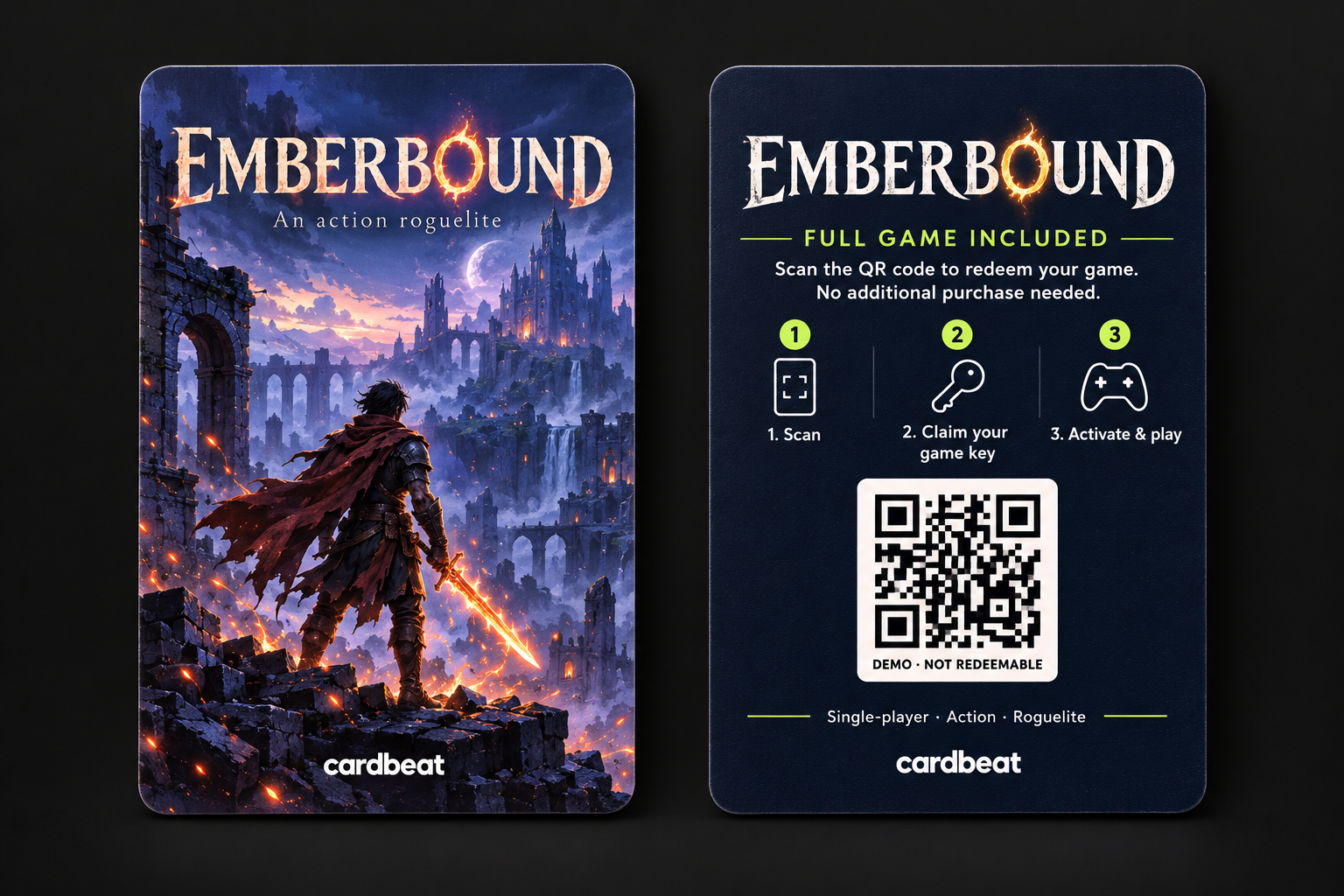 Front and back of the fictional Emberbound playing-size collectible card. The illustrated fantasy front pairs with a back labelled Full game included, with a demo QR code and steps to scan, claim a game key and activate the game. Demo only, not redeemable.